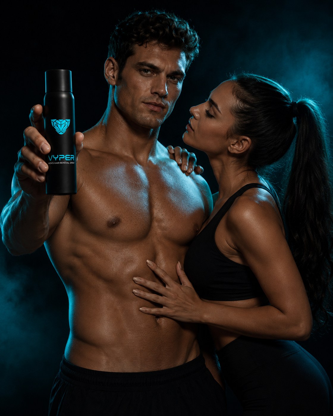 VYPER campaign — model holding the Men's Hair Removal Spray